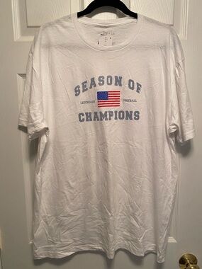 Zoe + Liv White Tee with Light Blue 'Season of Champions' & American Flag…